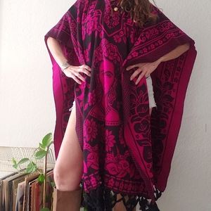 Frida Kahlo Black and Fuchsia Poncho, Cozy Poncho,
